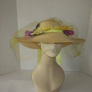 VTG 60's Wide Brim Natural Straw Hat wVeil Flowers Yellow Ribbon Bergdorf France